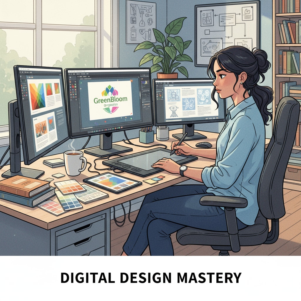 A young woman is focused on working on a graphic design project, highlighting her strength in the field. A young woman showcasing her strength in graphic design, related to education, high school performance, and self-improvement