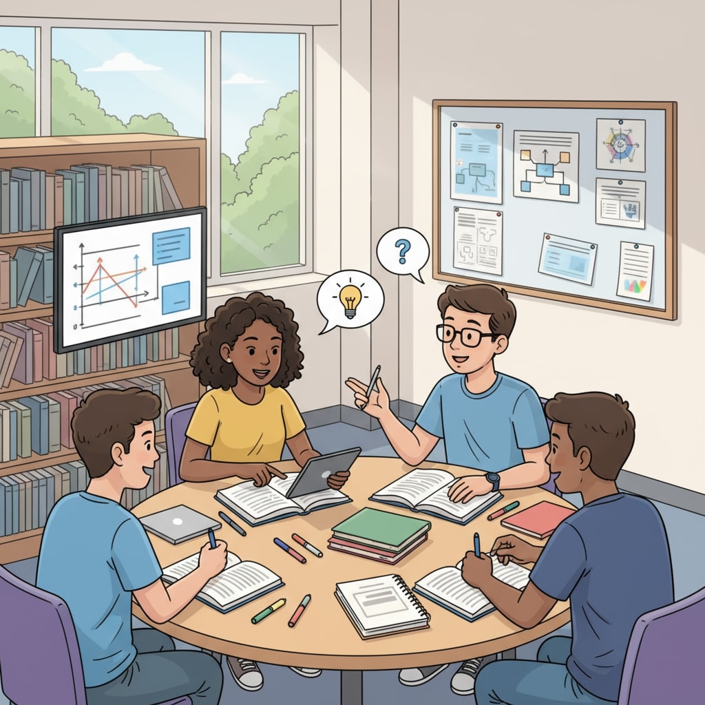 A group of students are sitting around a table, discussing and studying together, showing a positive and collaborative learning environment. High school students working together to improve their educational situation and develop key skills