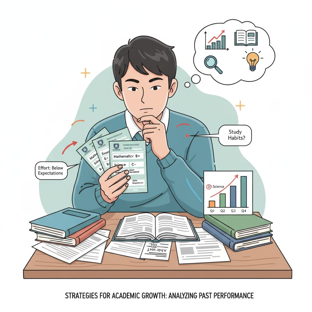 A student is sitting at a desk, looking at their past report cards with a thoughtful expression, analyzing their academic performance to identify areas for improvement. Student analyzing high school performance to address educational deficiencies and plan for key skills development