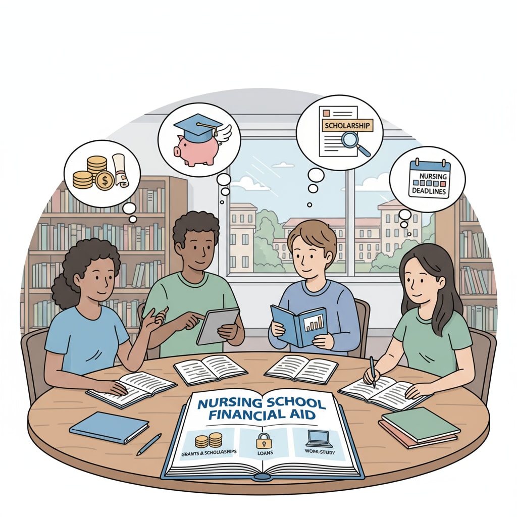 A group of students sitting around a table, discussing various financial aid options they have for enrolling in nursing courses. Students discussing FAFSA options for nursing courses with associate degrees