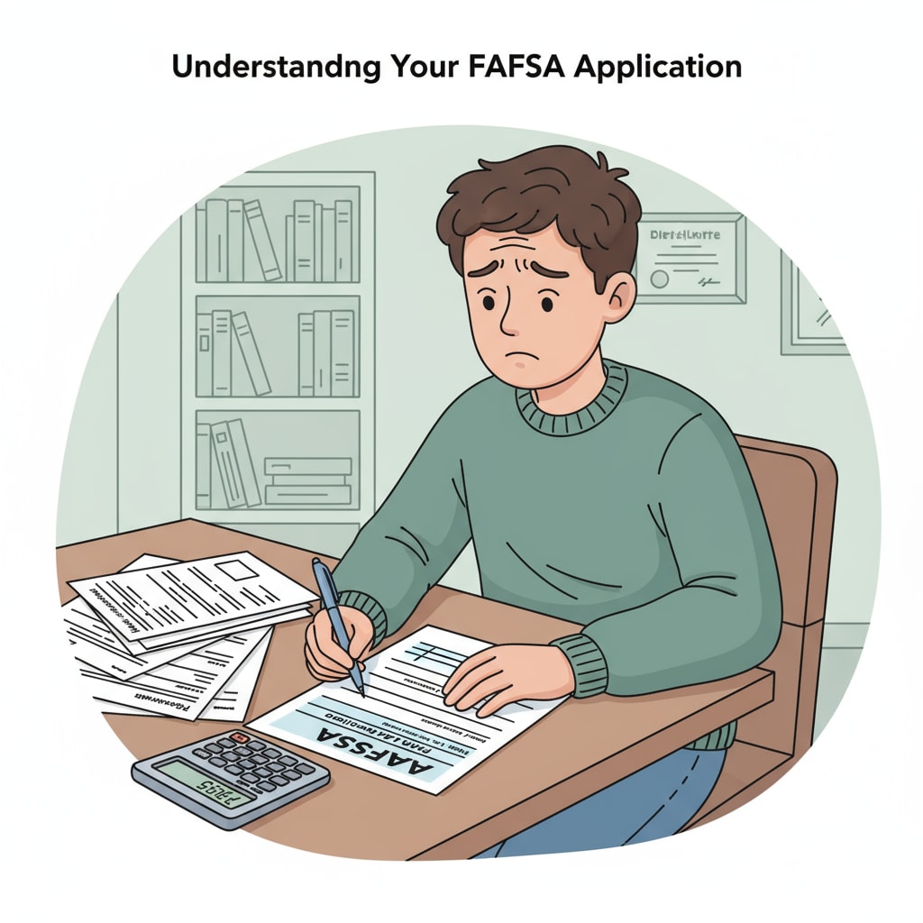 A student sitting at a desk, looking concerned while filling out a FAFSA application form, with papers and a calculator nearby. Student worried about filling out FAFSA form for nursing prerequisites with an associate degree