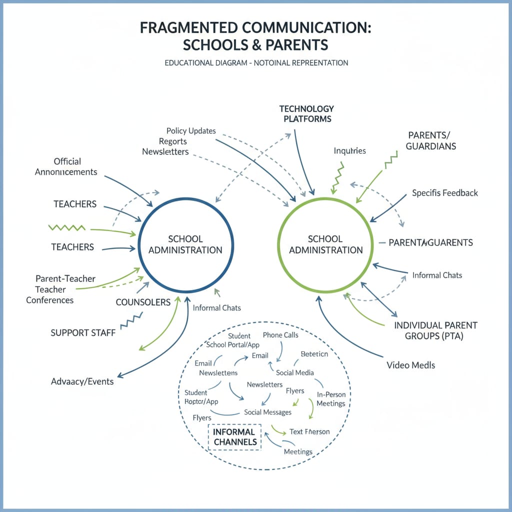 A diagram showing the complex and fragmented communication channels between schools and parents, with arrows going in different directions and various labels for different communication methods. A visual representation of the fragmented school-parent communication channels related to school bureaucracy, parent communication, and information management
