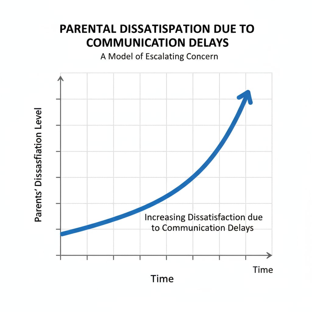 A graph depicting the increasing dissatisfaction of parents due to communication delays, with the x-axis showing time and the y-axis showing the level of dissatisfaction. A graph showing the relationship between communication delays and parent dissatisfaction in the context of school bureaucracy, parent communication, and information management