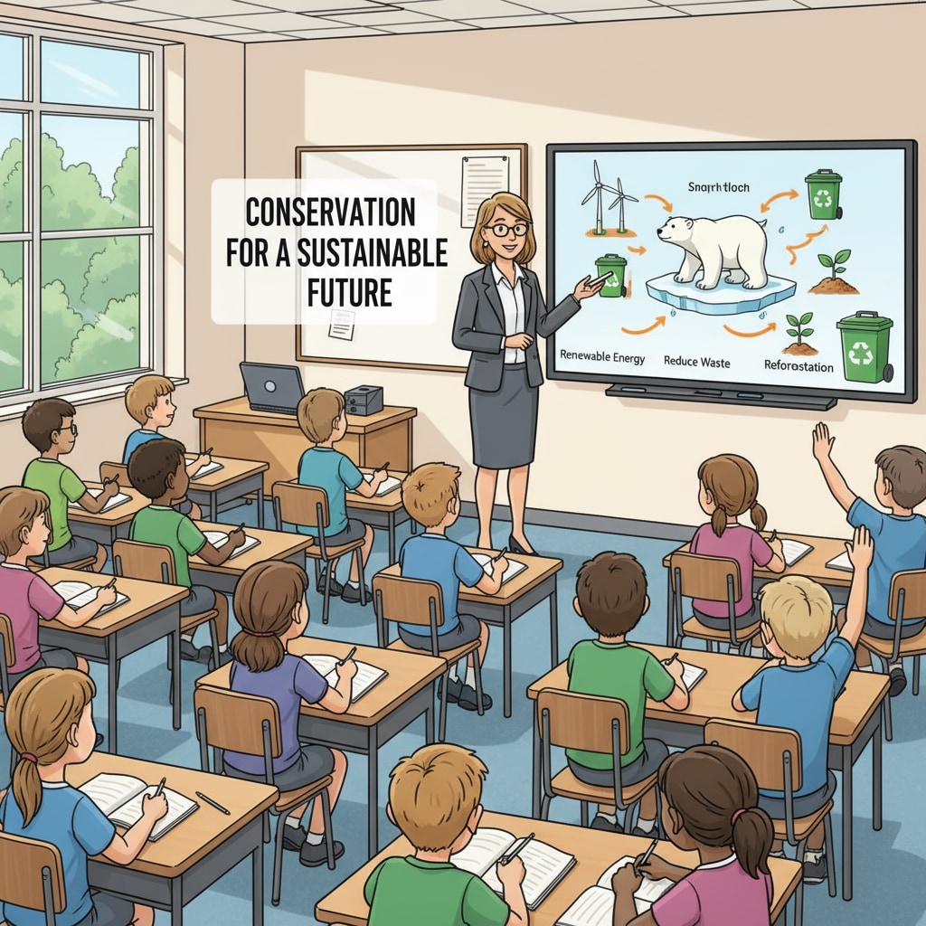 A classroom scene where students are listening intently as the teacher imparts knowledge about conservation education, with an interactive whiteboard showing relevant pictures. Students in a K-12 classroom learning about conservation education for environmental protection and social change