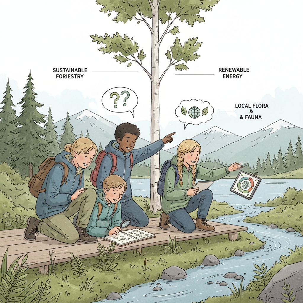 Scandinavian students are engaged in an outdoor environmental activity, carefully observing plants and discussing environmental concepts. Scandinavian K-12 students participating in an environmental activity related to conservation education for social change