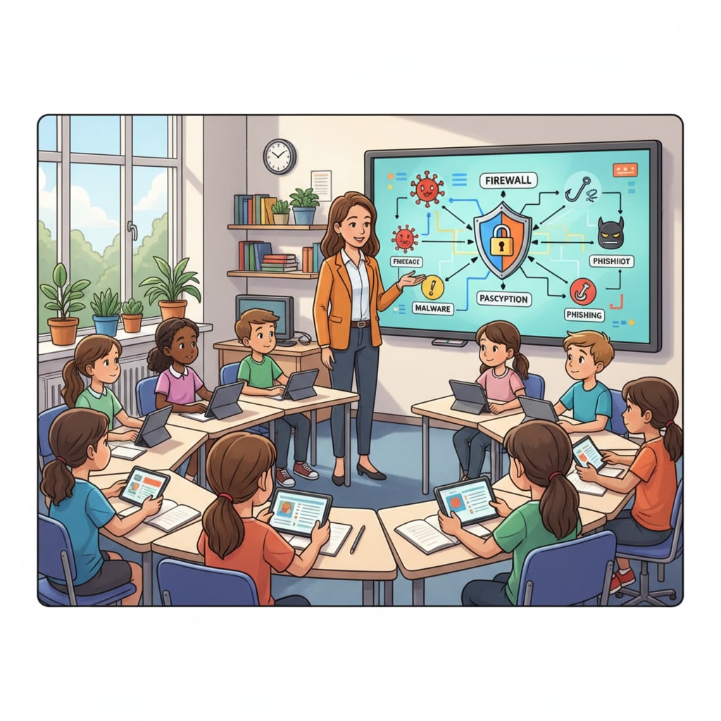 A group of students are sitting in a modern classroom. The teacher is standing in front of a smart board, explaining cybersecurity concepts using colorful visuals. The students have a focused look on their faces, showing their interest in the topic. Students learning cybersecurity concepts in a classroom, highlighting education methods and student engagement
