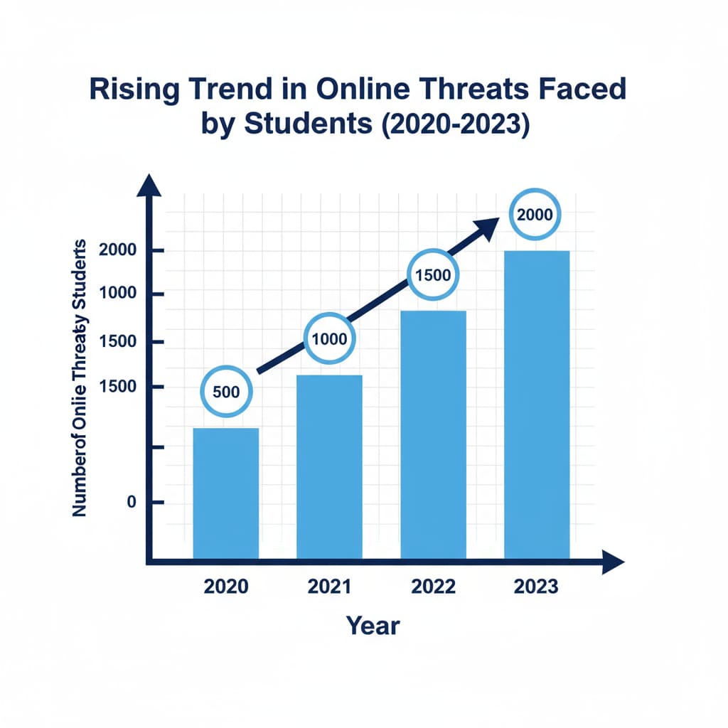 A bar chart with two axes. The x-axis represents different years, and the y-axis shows the number of online threats. The bars are increasing in height over the years, indicating a rising trend in online threats faced by students. Chart showing the increasing number of online threats relevant to cybersecurity education and student engagement