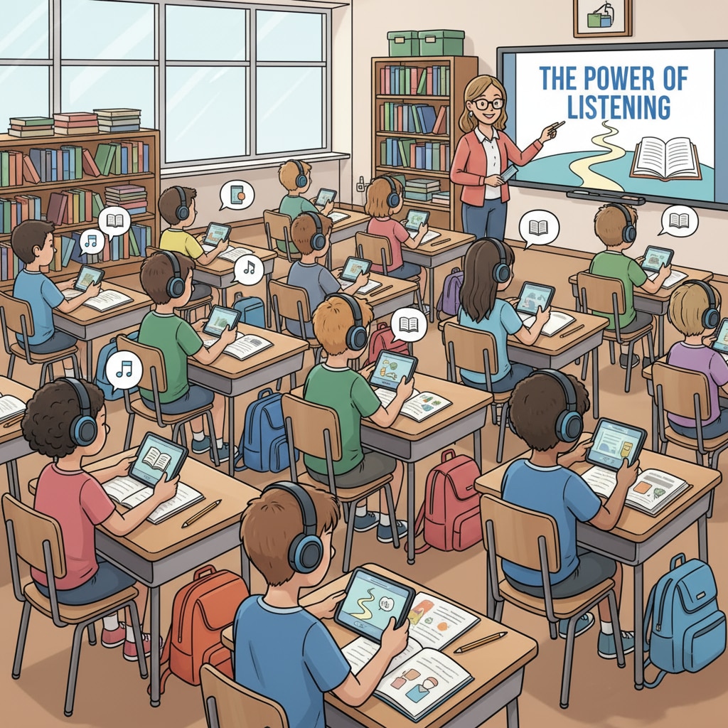 A group of students are sitting in a classroom, wearing headphones and listening attentively to audiobooks on their devices. There are also some books on the desks beside them. Students listening to audiobooks in a language arts education setting, related to reading fluency