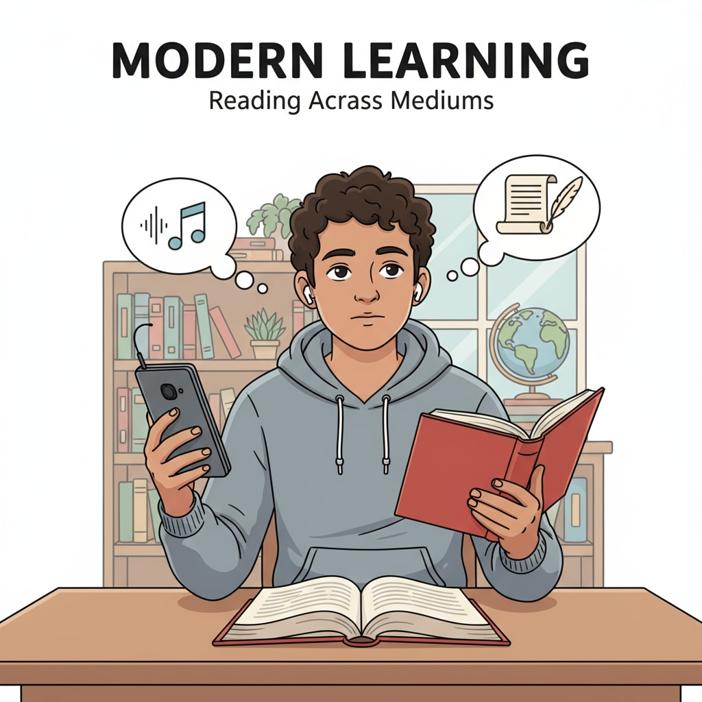 A student is sitting at a table, comparing an audiobook device in one hand with a traditional printed book in the other, with a thoughtful expression on their face. A student comparing an audiobook and a traditional book in the context of language arts education and reading fluency