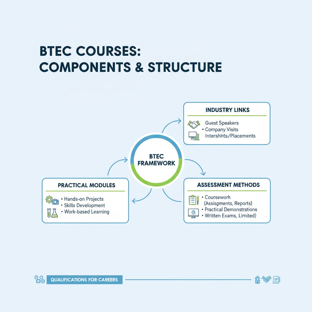 An illustration with diagrams and text explaining the different components of BTEC courses, such as practical modules, industry links, and assessment methods. Illustration of the structure and focus of BTEC courses for Japanese study abroad, relevant to A-levels and BTEC courses comparison