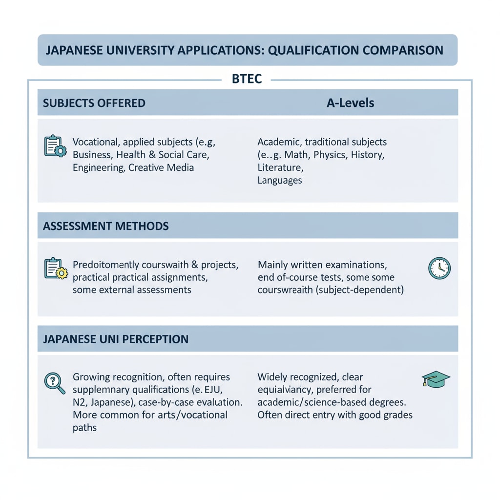 A comparison chart with columns for BTEC and A-levels, showing differences in subjects offered, assessment methods (exams vs projects), and how they are perceived in Japanese university applications. Comparison chart of BTEC and A-levels for Japanese study abroad, highlighting aspects relevant to A-levels and BTEC courses