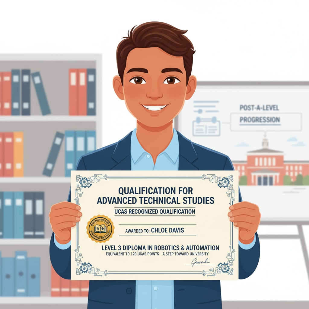 A young student is proudly holding a vocational qualification certificate. The certificate is relevant to the fields that can contribute to UCAS points and is a step towards further education after A-Level. A student holding a vocational qualification certificate relevant to UCAS points and A-Level progression