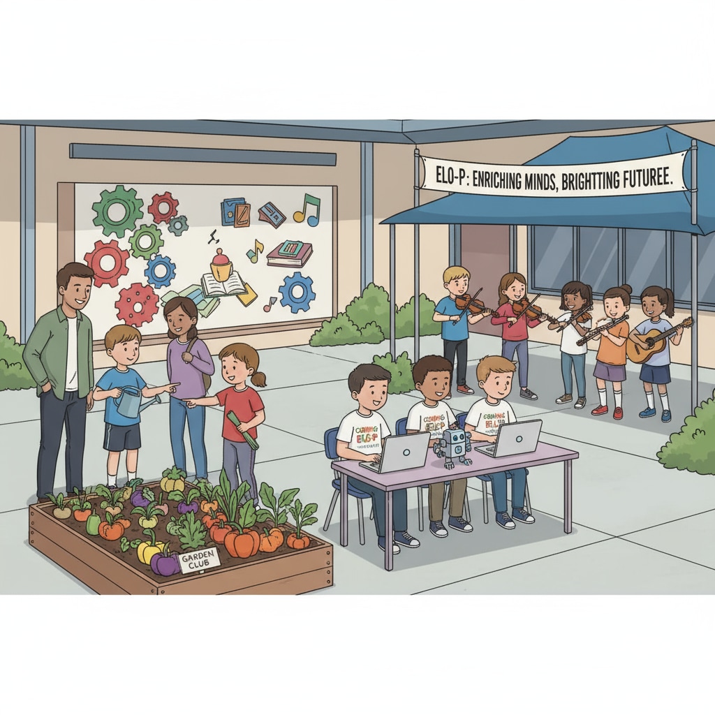 A group of students are actively participating in various extracurricular activities in a California school. These activities are made possible by the funds from the ELO-P program, showing the positive impact on students' learning experiences. Students enjoying extended learning opportunities funded by ELO-P in a California school