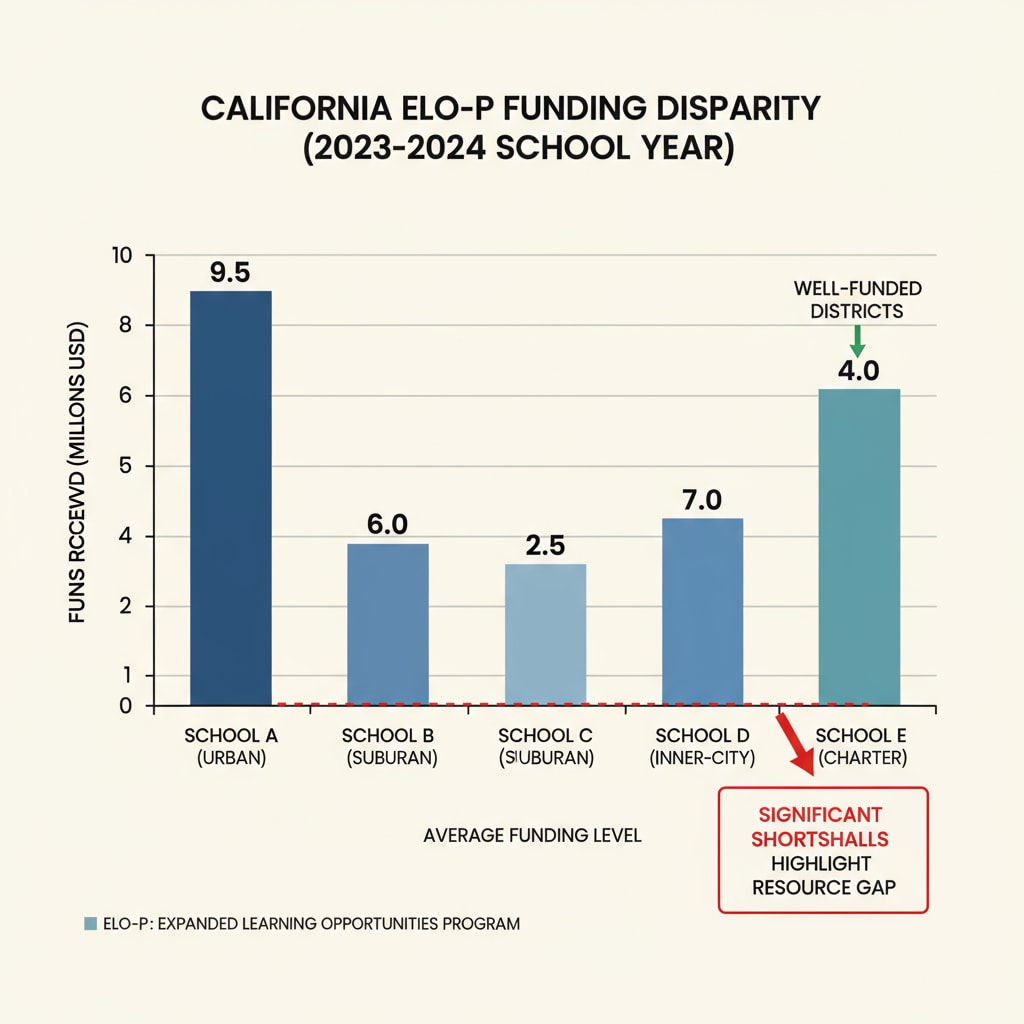 A bar graph presenting the unequal distribution of ELO-P funds among different schools in California. The graph clearly shows the disparities, highlighting the challenge of resource distribution in the implementation of the program. Graph depicting the uneven distribution of ELO-P funds among California schools