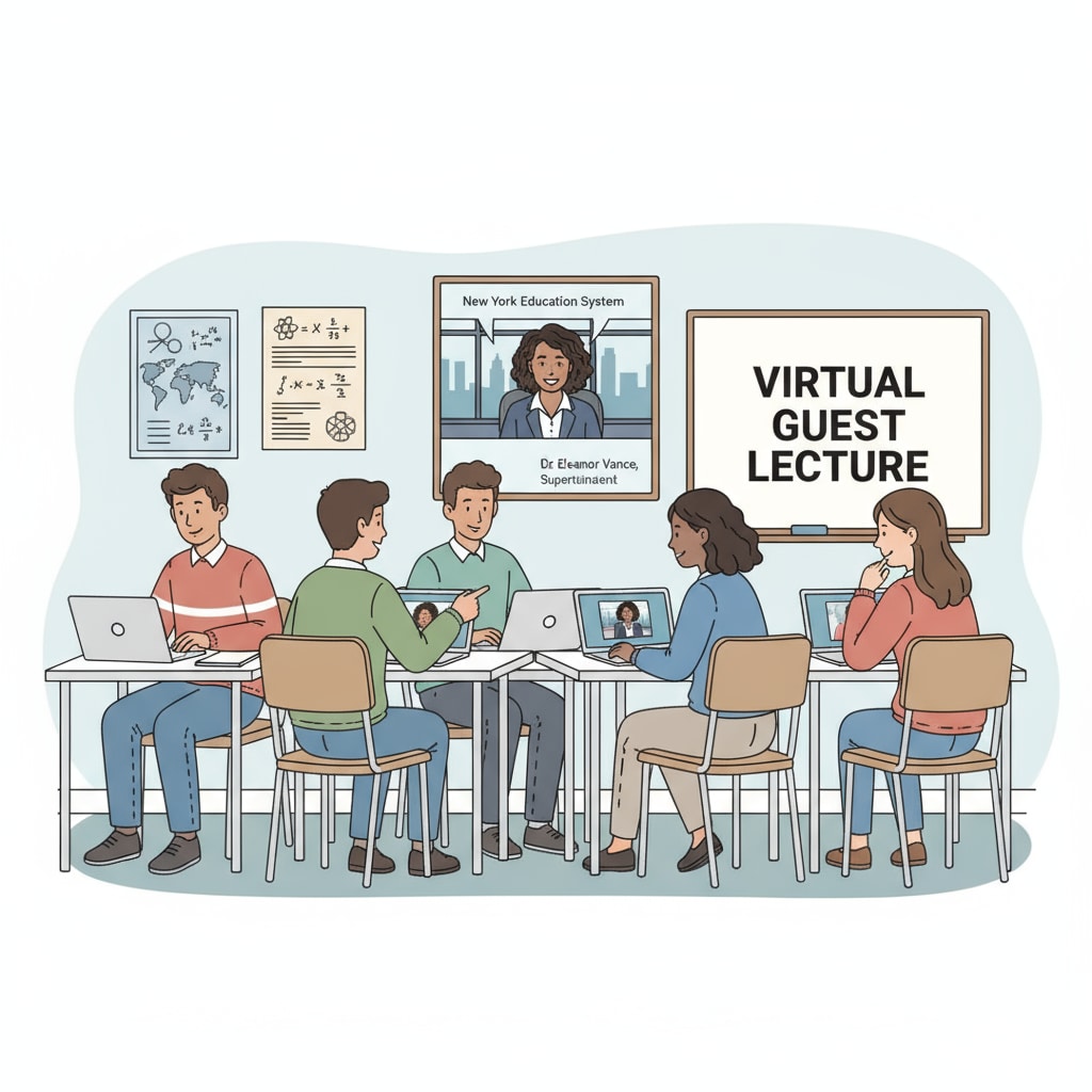 A group of university students are sitting in a classroom, looking at their screens as they conduct a virtual interview with an educator in the New York education system. The educator is visible on the screen, sharing their experiences. University students conducting a virtual interview with an educator in the New York education system for urban education project