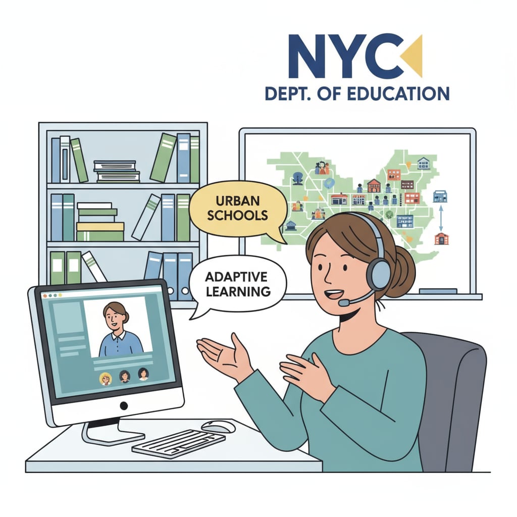 An educator in the New York education system is sitting in their office, speaking animatedly during a virtual interview. They are sharing insights about teaching in urban schools. An educator in the New York education system sharing insights during a virtual interview for urban education research
