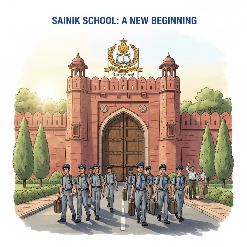 A view of the entrance gate of a Sainik School with students walking towards it, showing the start of their journey into the school. AISSEE Sainik School Entrance Gate for 2026 Entrance Exam