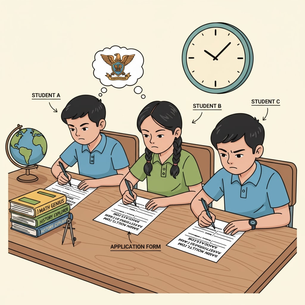 Students sitting at a study table, concentrating on filling out application forms for the Sainik School entrance exam. Students Filling Out AISSEE Sainik School Application Forms