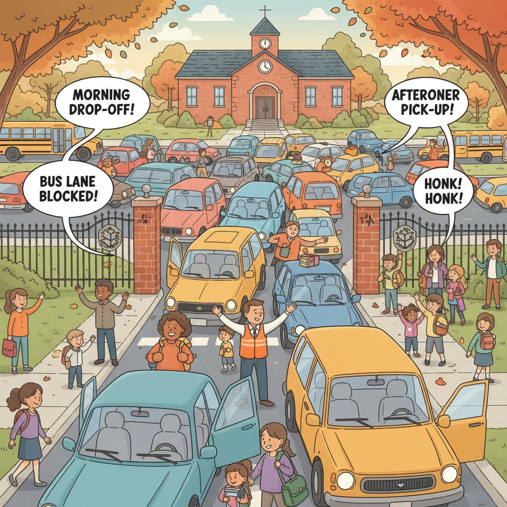 A chaotic scene at a small town school gate during pick-up and drop-off times, with cars bumper to bumper and traffic jams. Traffic congestion during school drop-off and pick-up in a small town