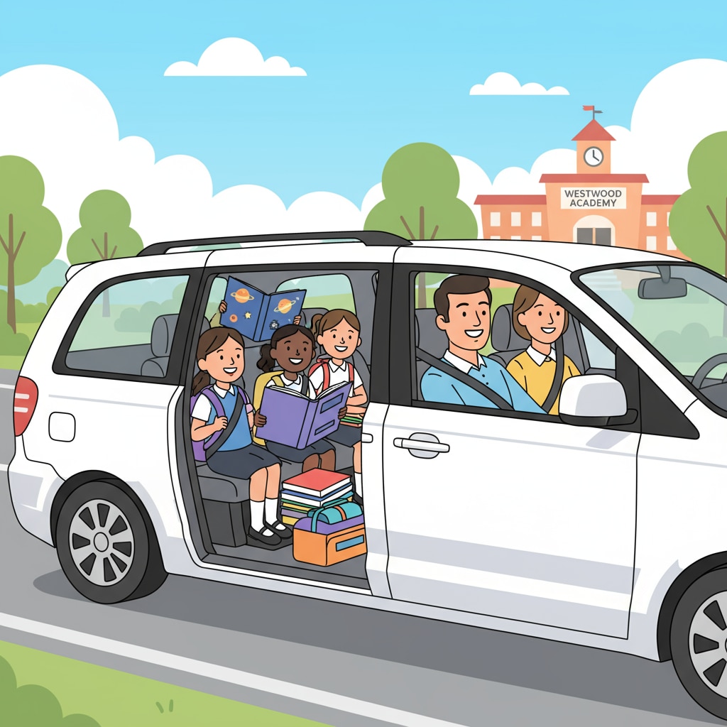 A group of students and parents sharing a ride in a car on the way to school. Shared transportation for school drop-off