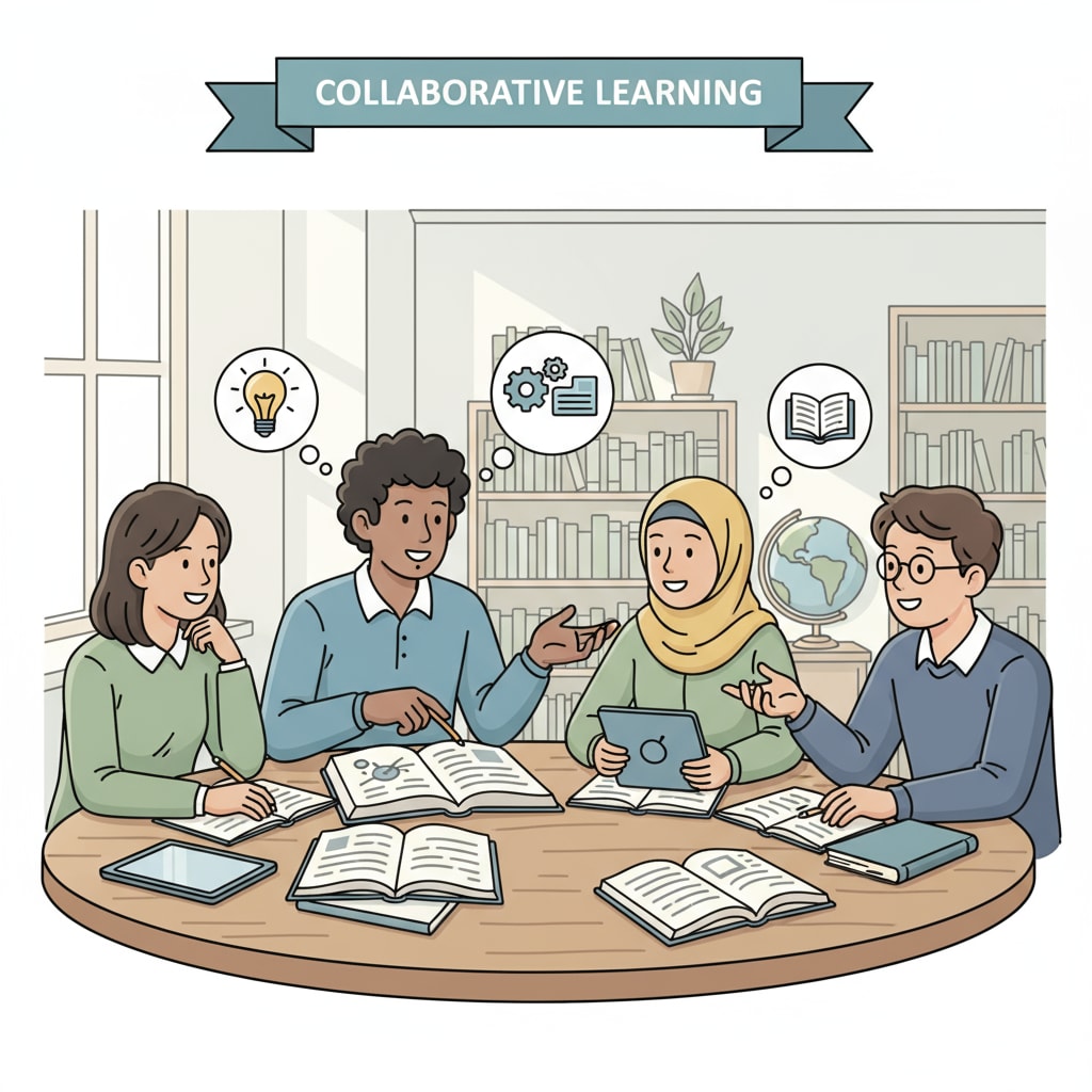 A group of students are engaged in a discussion while studying together, symbolizing the positive environment of returning to education. Students collaborating and studying, related to academic failure, reapplication, and academic exclusion