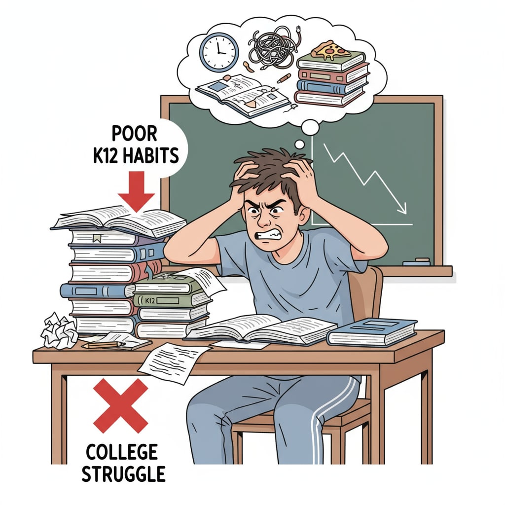 A single student is sitting at a desk, looking frustrated, which represents the negative impact of poor K12 habits on college studies. Frustrated student due to K12 habit - related academic struggles, relevant to academic failure, reapplication, and academic exclusion