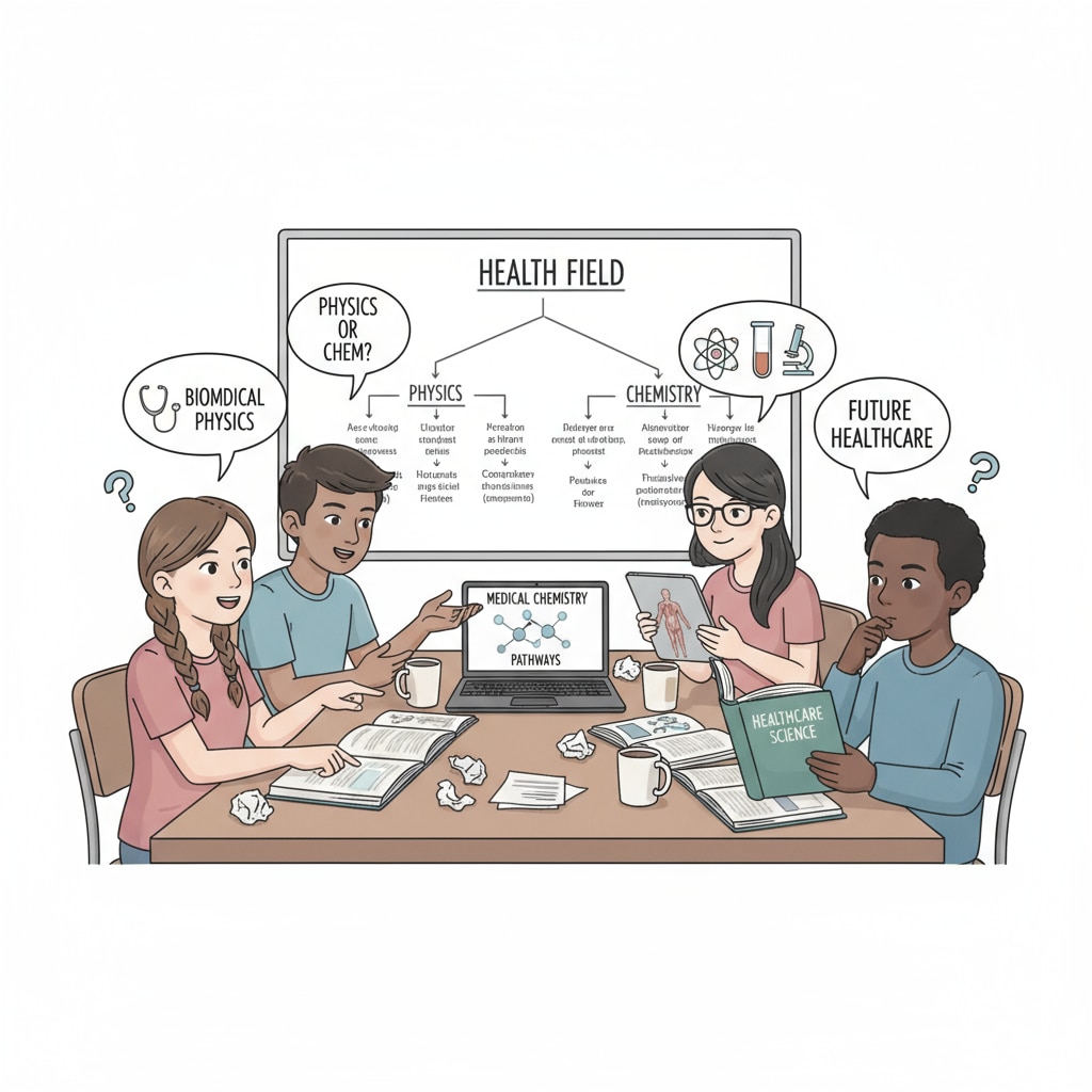 A group of high school students are sitting around a table, having an animated discussion about whether to choose physics or chemistry for their future in the health field. They are looking at textbooks and laptops, with expressions of thoughtfulness on their faces. High school students discussing physics and chemistry options for a career in the health field in an online learning context