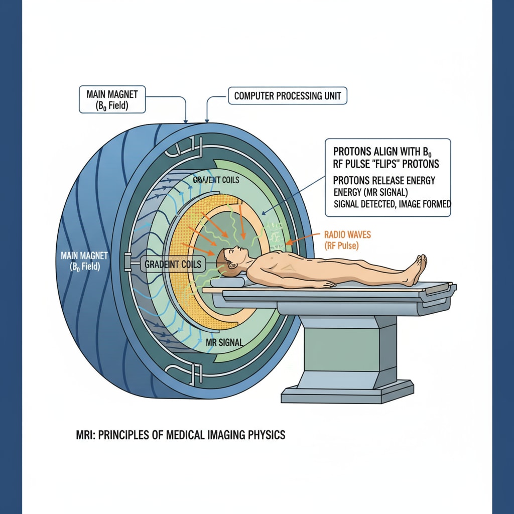 A detailed diagram shows the internal structure of an MRI machine. There are labels indicating different parts and how magnetic fields and radio waves interact to create images of the human body, demonstrating the application of physics in medical imaging. Diagram of an MRI machine showing the application of physics in the health field