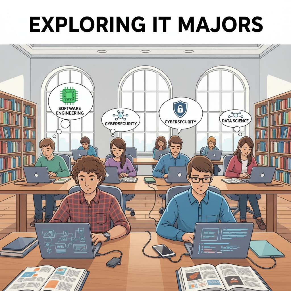 Students are sitting at library desks, looking at books and laptops, researching different IT - related majors. Students researching IT - related majors for future development