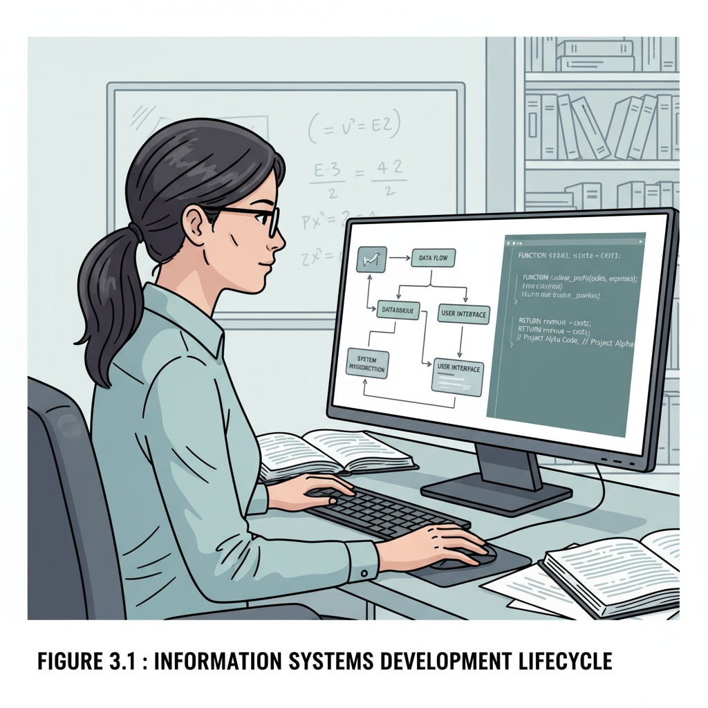 An information systems engineer is sitting in front of a computer, working on a project with various diagrams and code on the screen. Information systems engineer working on a project for future development in the IT field