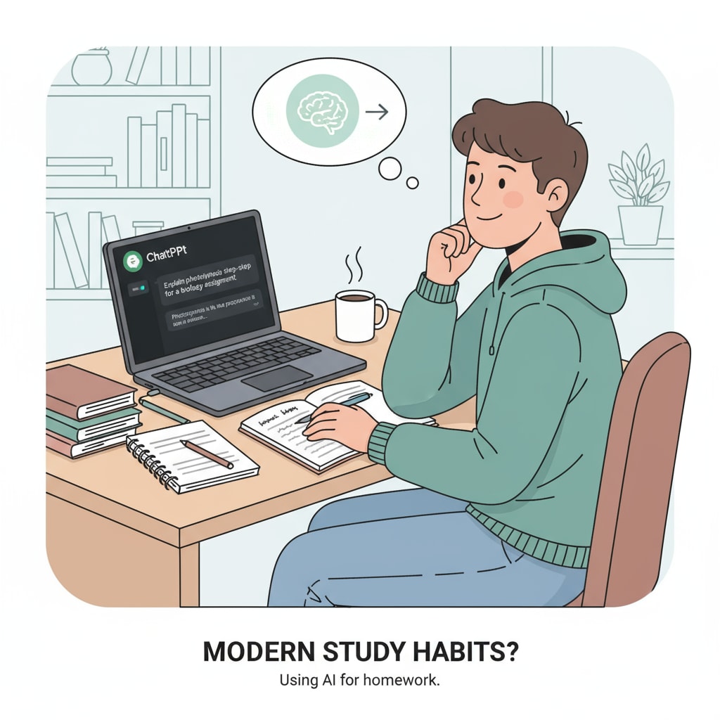 A student is sitting at a study desk. There is a laptop in front of the student with the ChatGPT interface clearly visible. The student seems to be using it to complete homework instead of doing it independently. A student using ChatGPT for homework