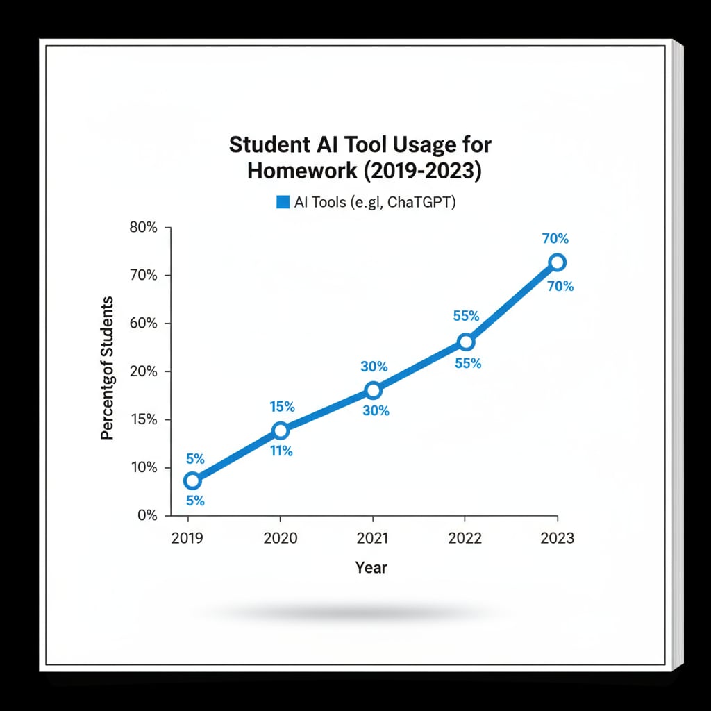 A line graph depicting the upward trend in the percentage of students using artificial intelligence tools like ChatGPT for their homework over the past five years. Graph showing increase in students using AI for homework