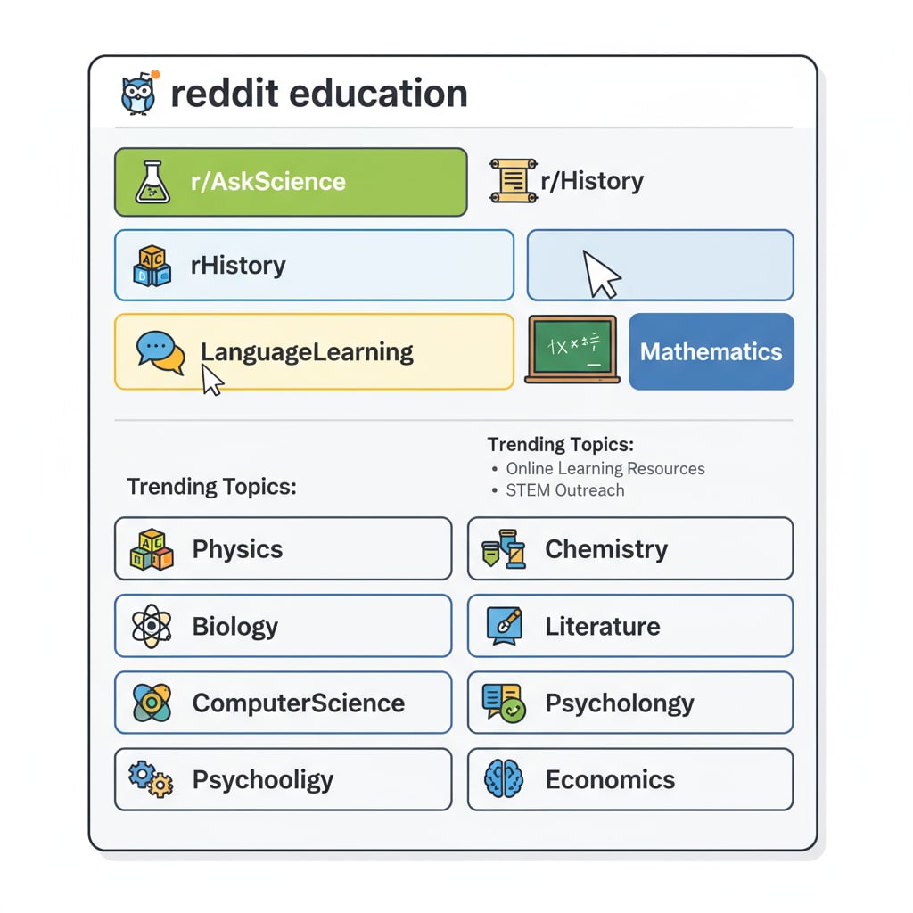 A screenshot of the Reddit education main page with various subreddit links clearly visible. Reddit education main page showing community rules, educational networks, and subreddits.