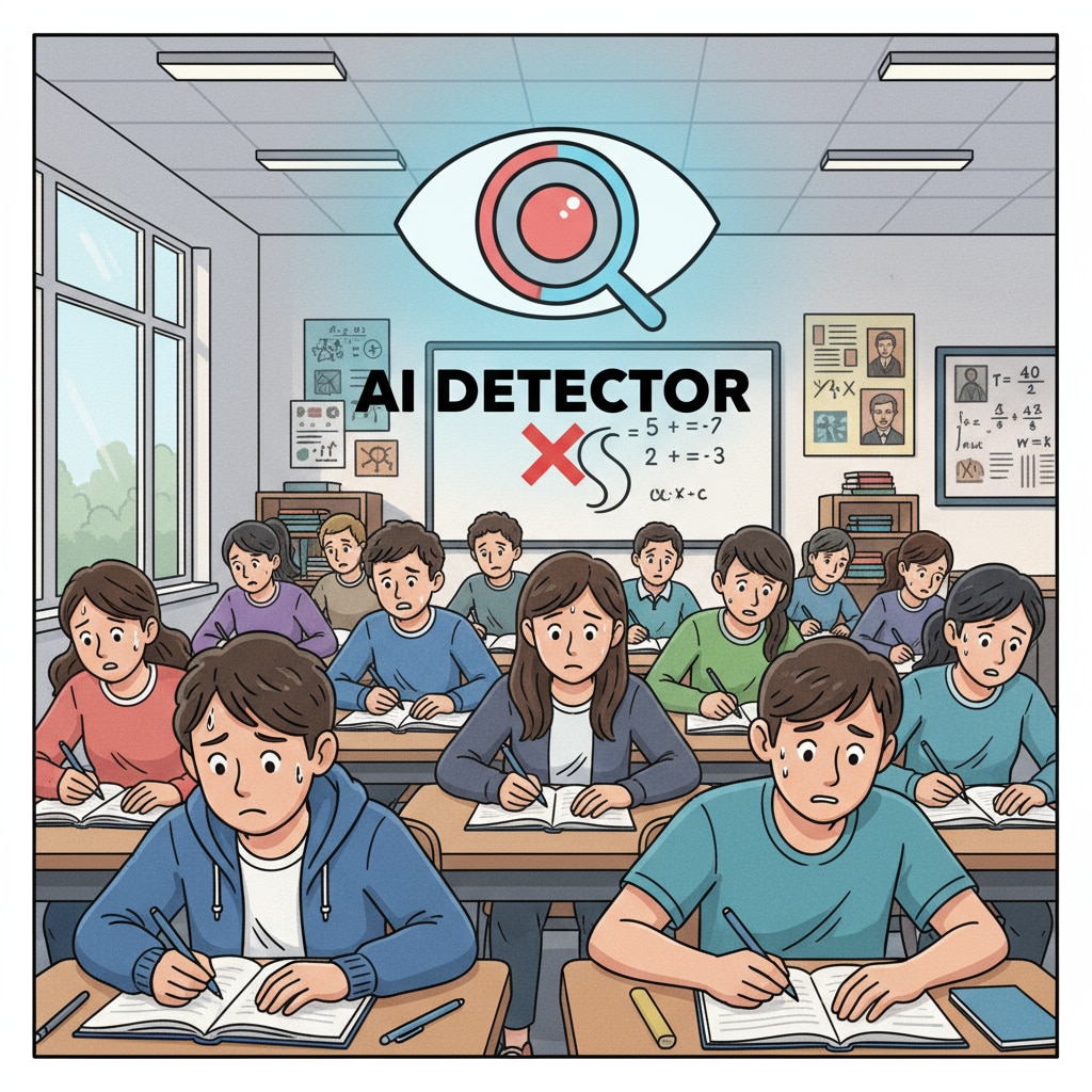 A classroom scene where students are writing with a worried look while an AI detection tool icon looms in the background. Students in a high school creative writing class showing concern due to AI detection tools.