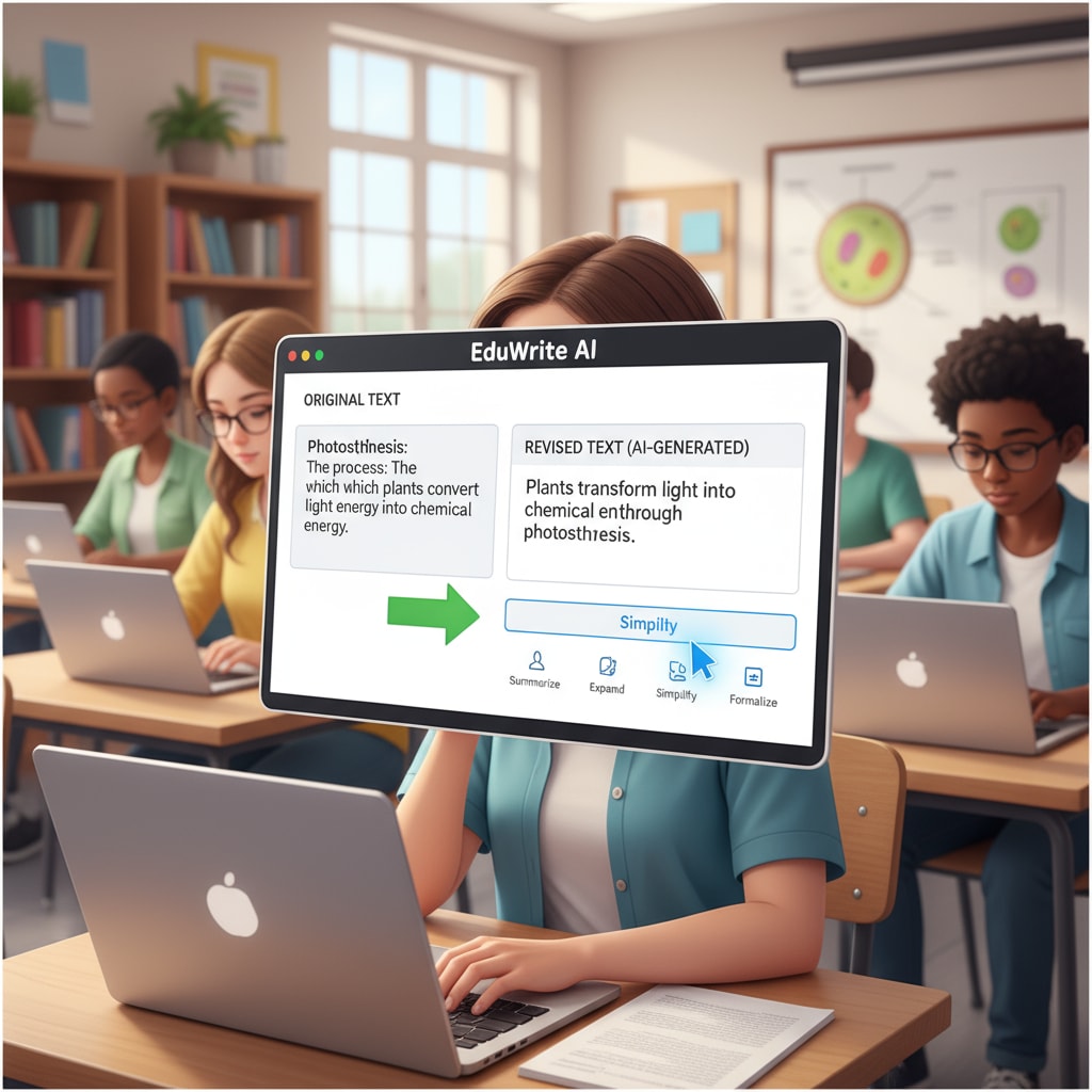 A classroom scene where students are using their laptops, with a focus on a student potentially using an AI rewriting tool on the screen. Students in a classroom using digital devices related to AI rewriting tools and manual input for evading AI detection