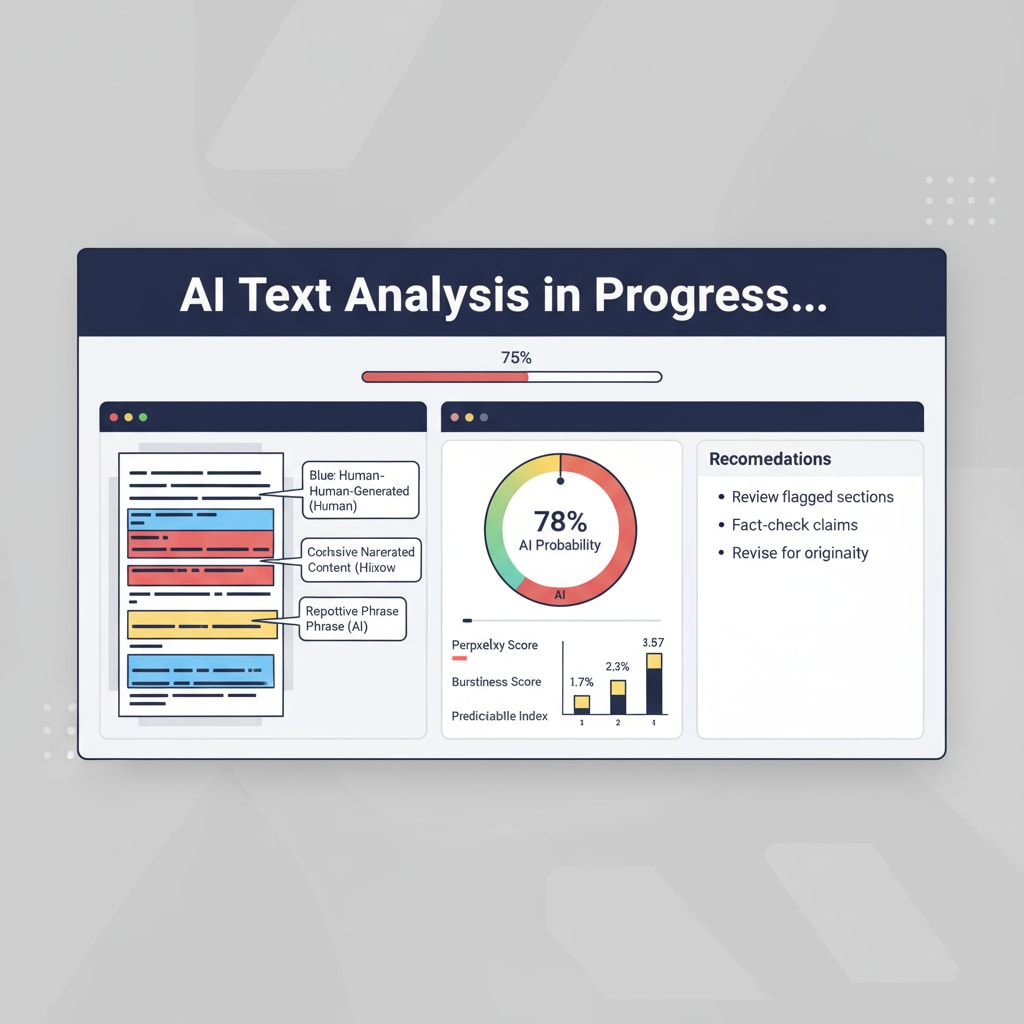 A detailed view of an AI detection software's interface showing text analysis in progress. An AI detection software interface analyzing text for potential signs of AI rewritten content and manual input attempts
