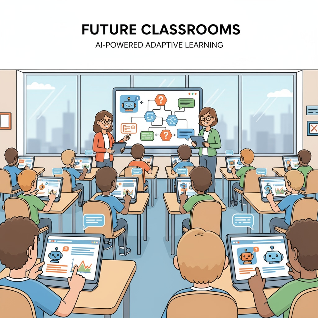A modern classroom scene where students are using tablets with AI-powered learning software. Students using AI-powered learning tools in education