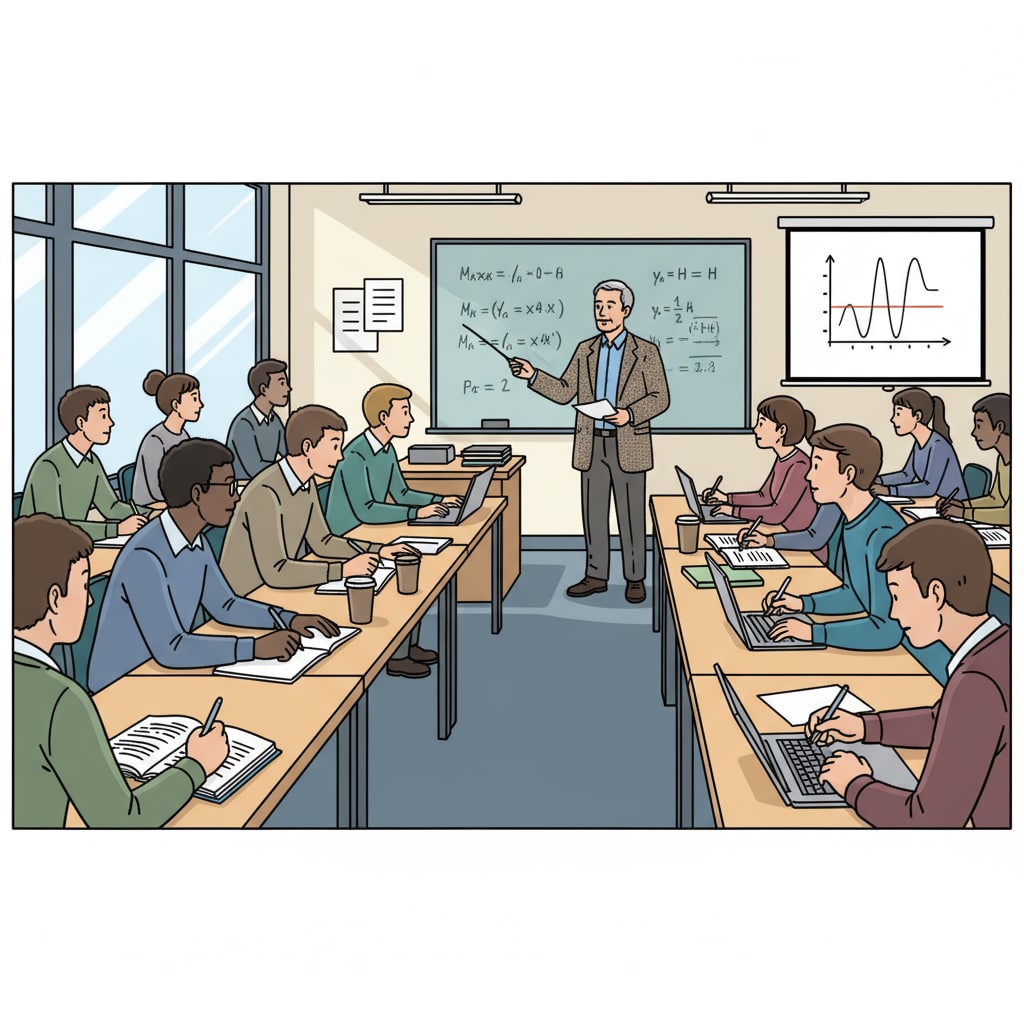 A classroom filled with full-time postgraduate students listening intently to a physics professor's lecture. There are equations on the board and students are taking notes. Full-time postgraduate students attending a physics lecture
