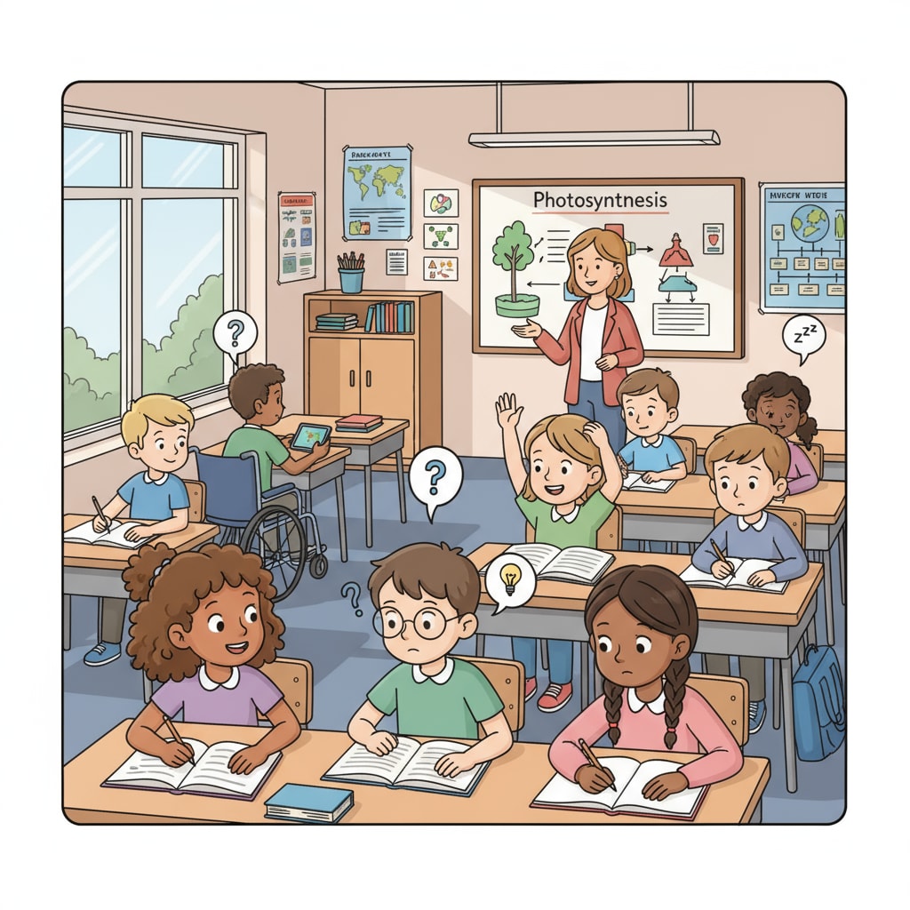 A group of students from diverse backgrounds in a classroom, showing different levels of engagement Students from different social backgrounds in a classroom, highlighting social inequality in education