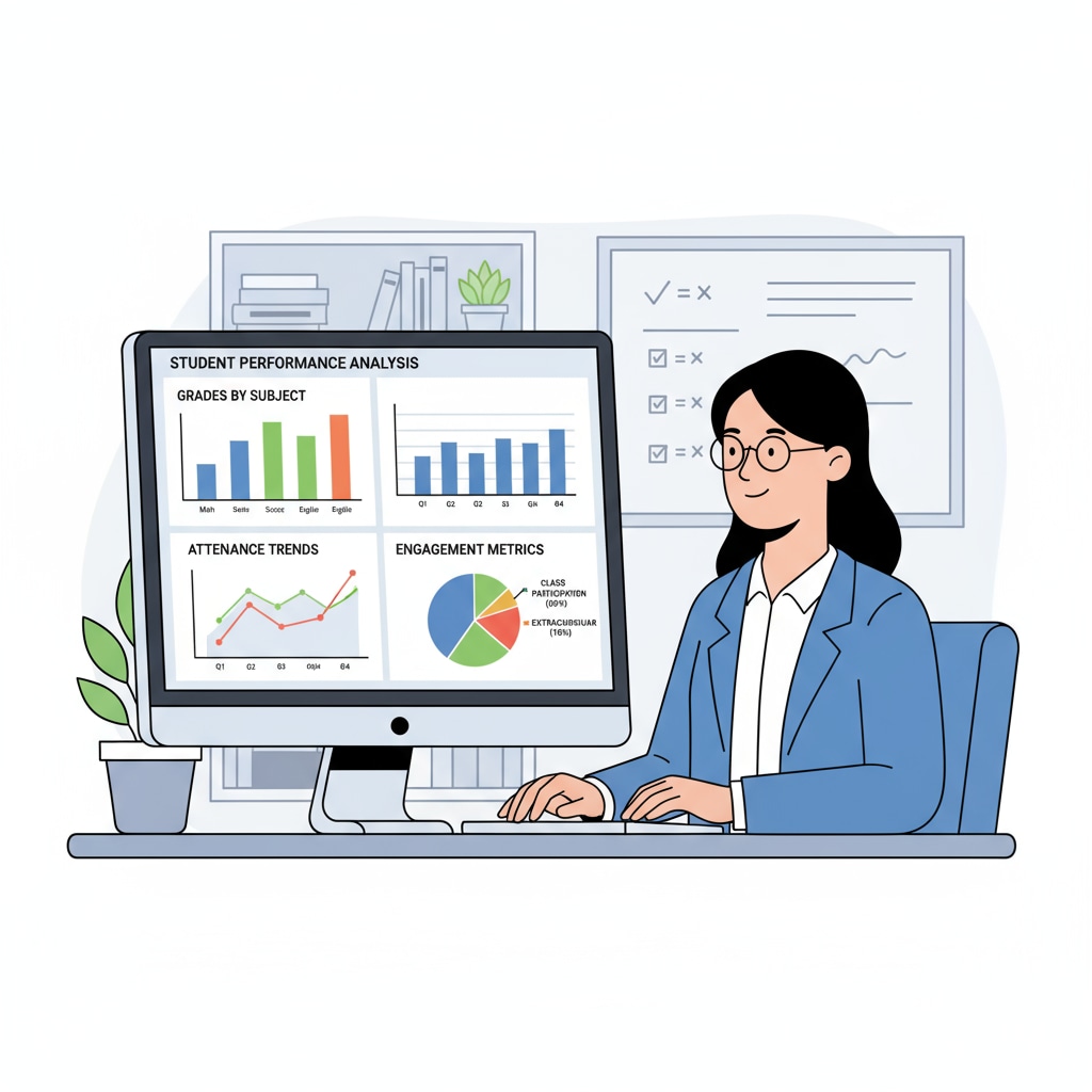 A researcher analyzing data on a computer screen, with graphs and charts related to student performance Researcher evaluating data to identify social inequality in student performance