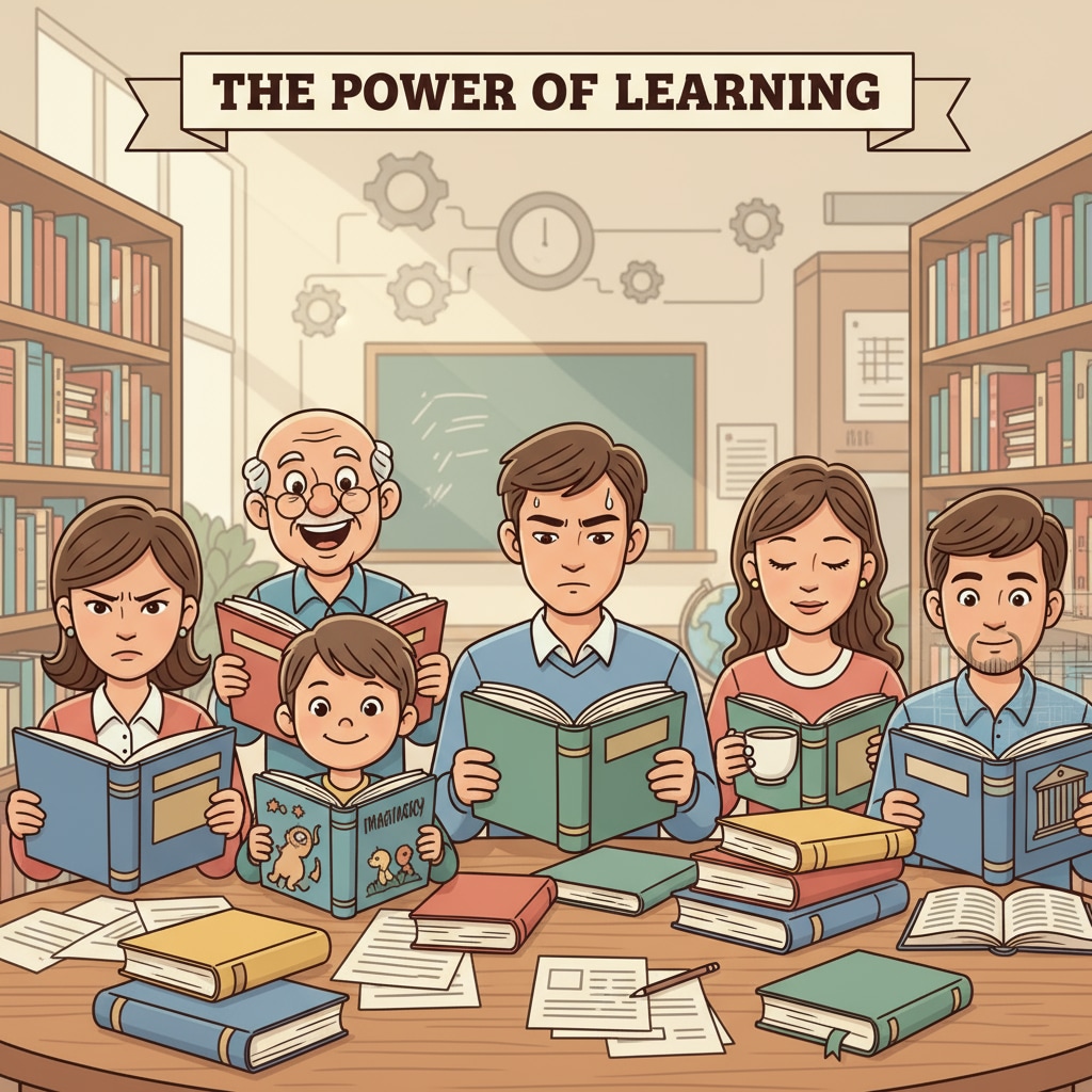 A group of people reading books, with different expressions on their faces, symbolizing the diverse impact of education on individuals. A visual representation of how education affects writing styles in novel creation, highlighting character authenticity.