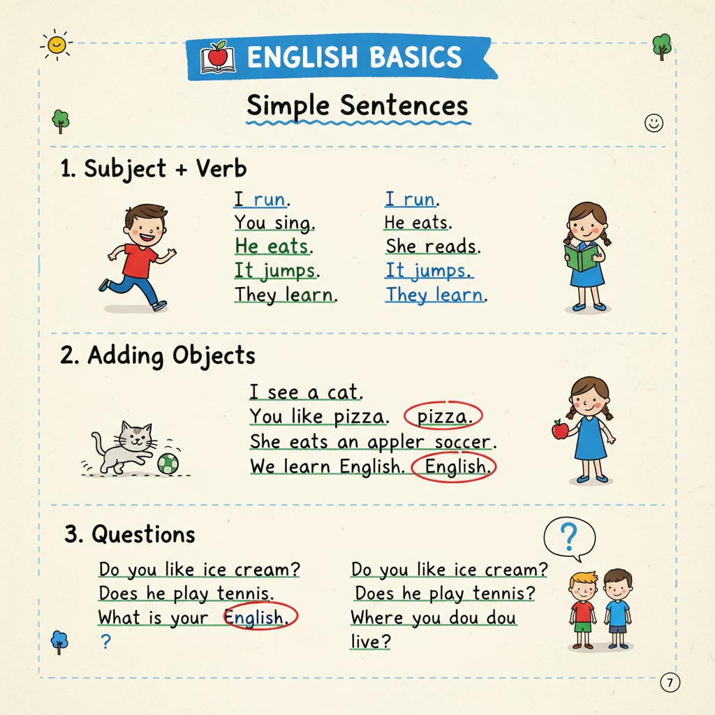 A page filled with simple, handwritten sentences, showing basic grammar and vocabulary usage, representing the writing style of a character with limited education. An illustration of the writing style of a character with limited educational background in novel writing, emphasizing authenticity.