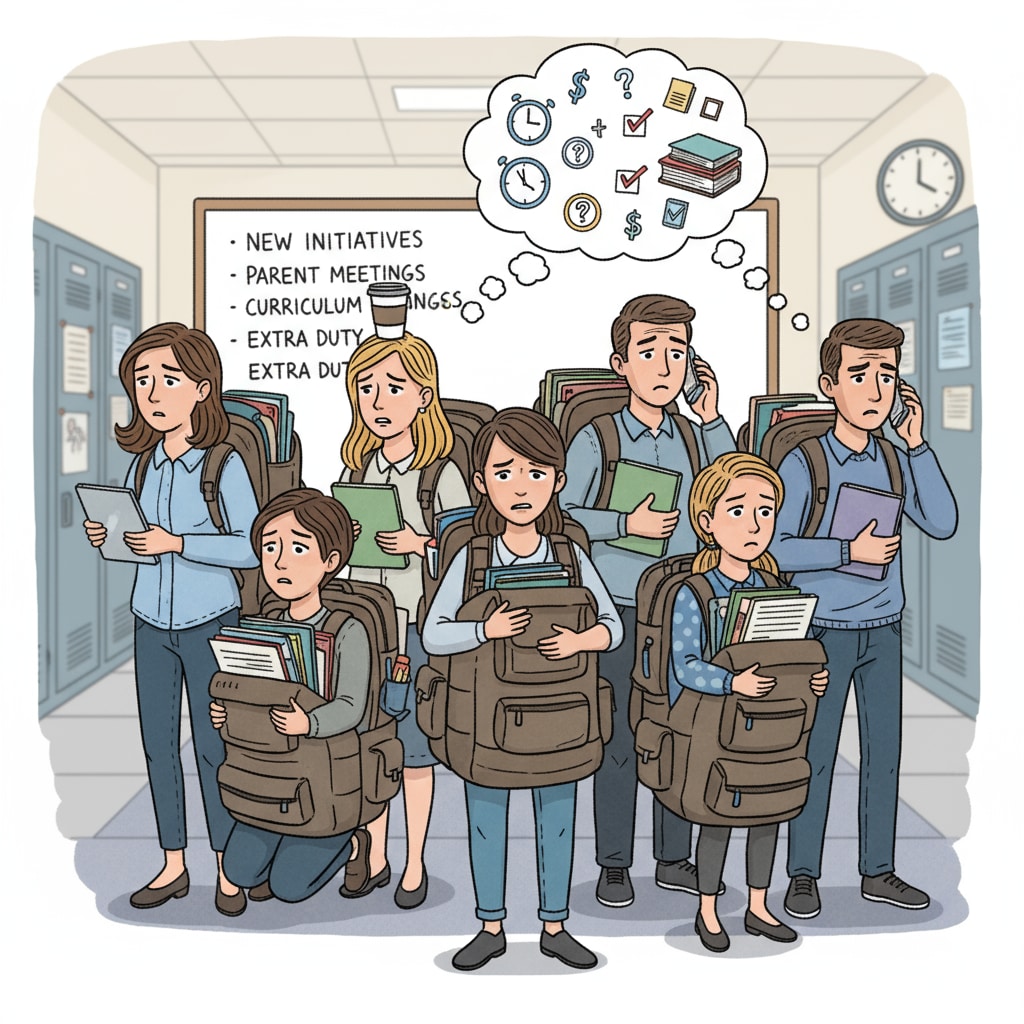 A group of K12 educators looking stressed in a school environment, indicating the burden of increased responsibilities. K12 educators under pressure due to higher education related issues like job reclassification, extra duties and salary negotiations
