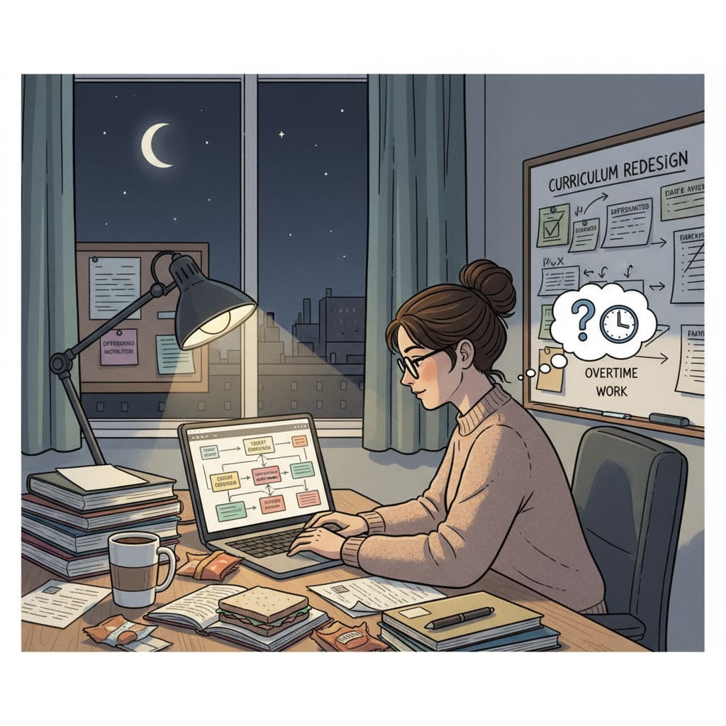 A K12 teacher working late at night on a curriculum development project, highlighting the additional workload. K12 teacher burdened with extra work responsibilities without proper salary negotiation as part of higher education job reclassification