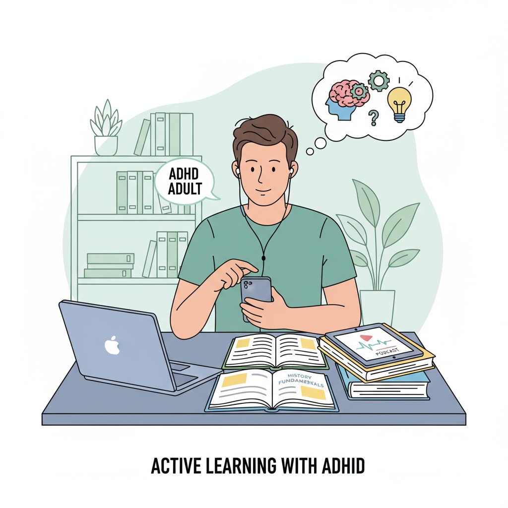 An ADHD adult is shown listening intently to a podcast on a mobile device while looking at some basic education textbooks. ADHD adult using podcast for basic education learning