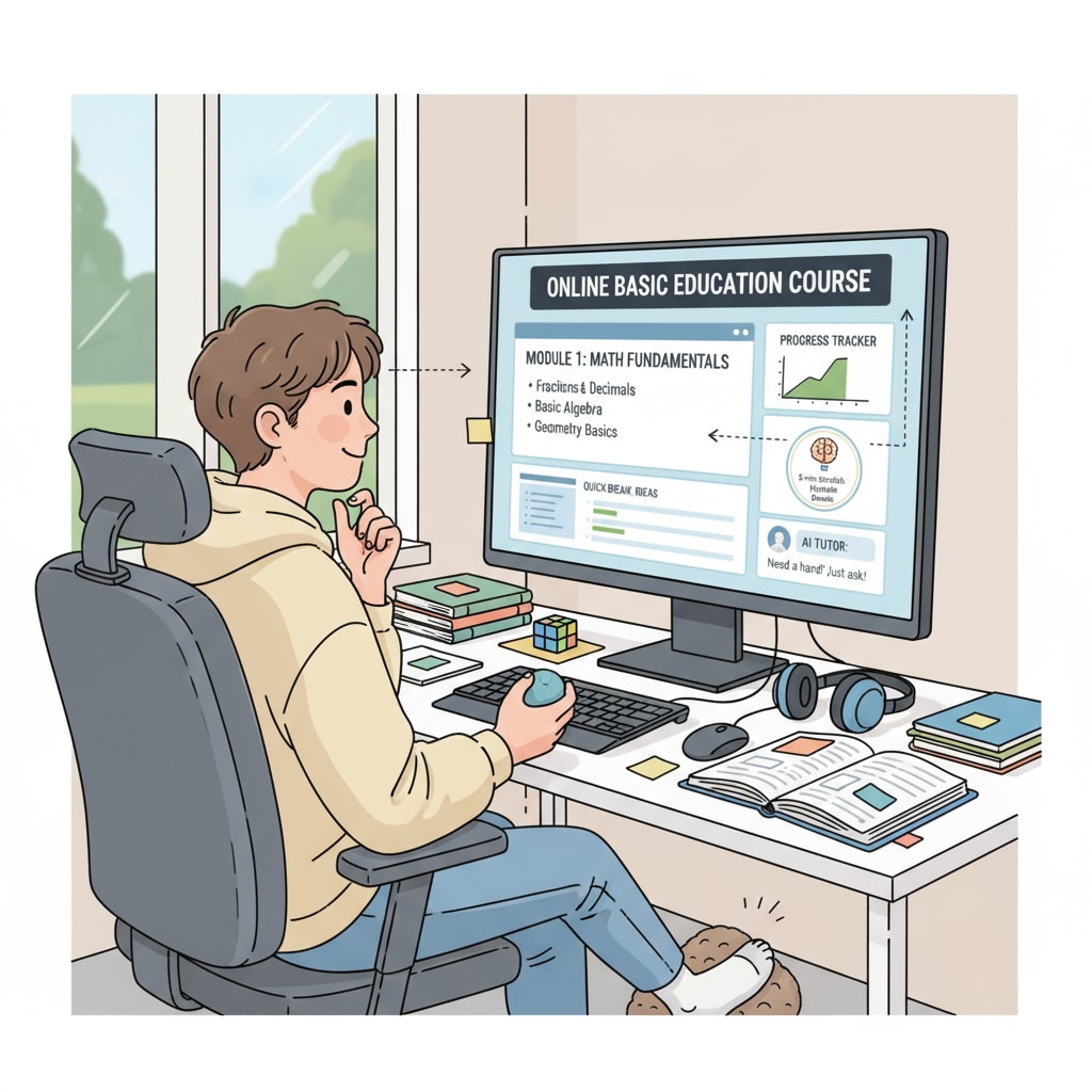 An ADHD adult is sitting in front of a computer, engaged in an online basic education course with various course materials visible on the screen. ADHD adult taking an online basic education course