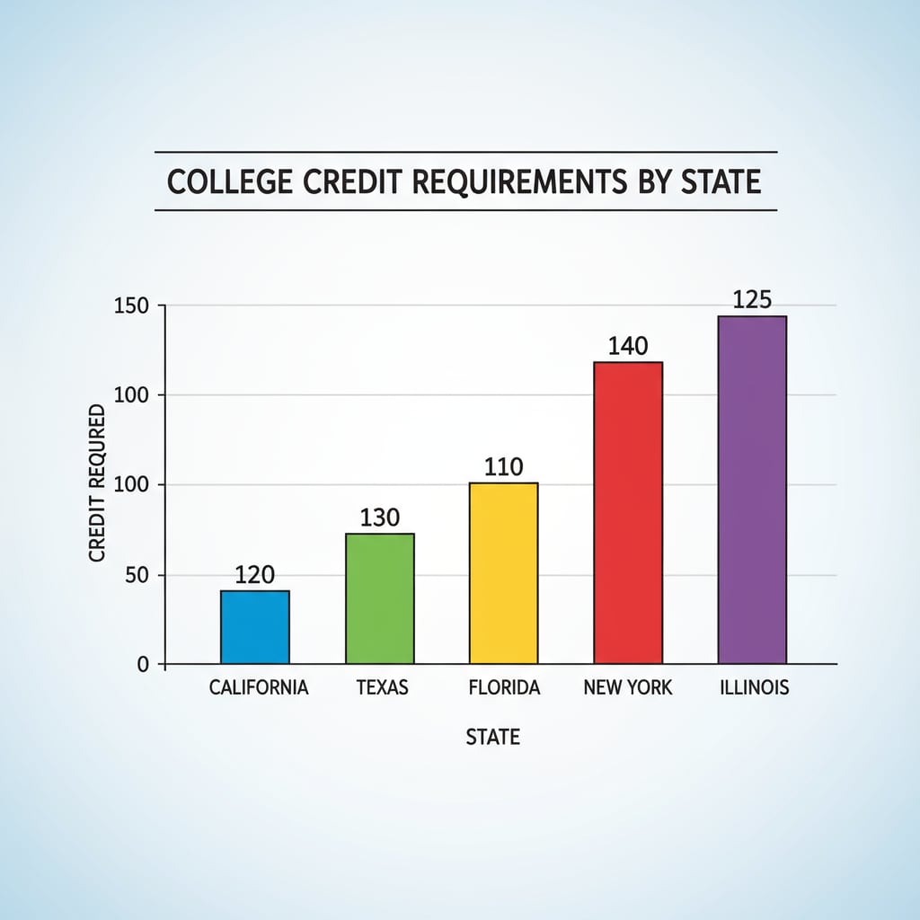 A bar graph displays the varying credit requirements in different states, with each bar representing a state and the height indicating the number of credits needed. Graph showing credit requirements for high school diploma in various states for online high school programs