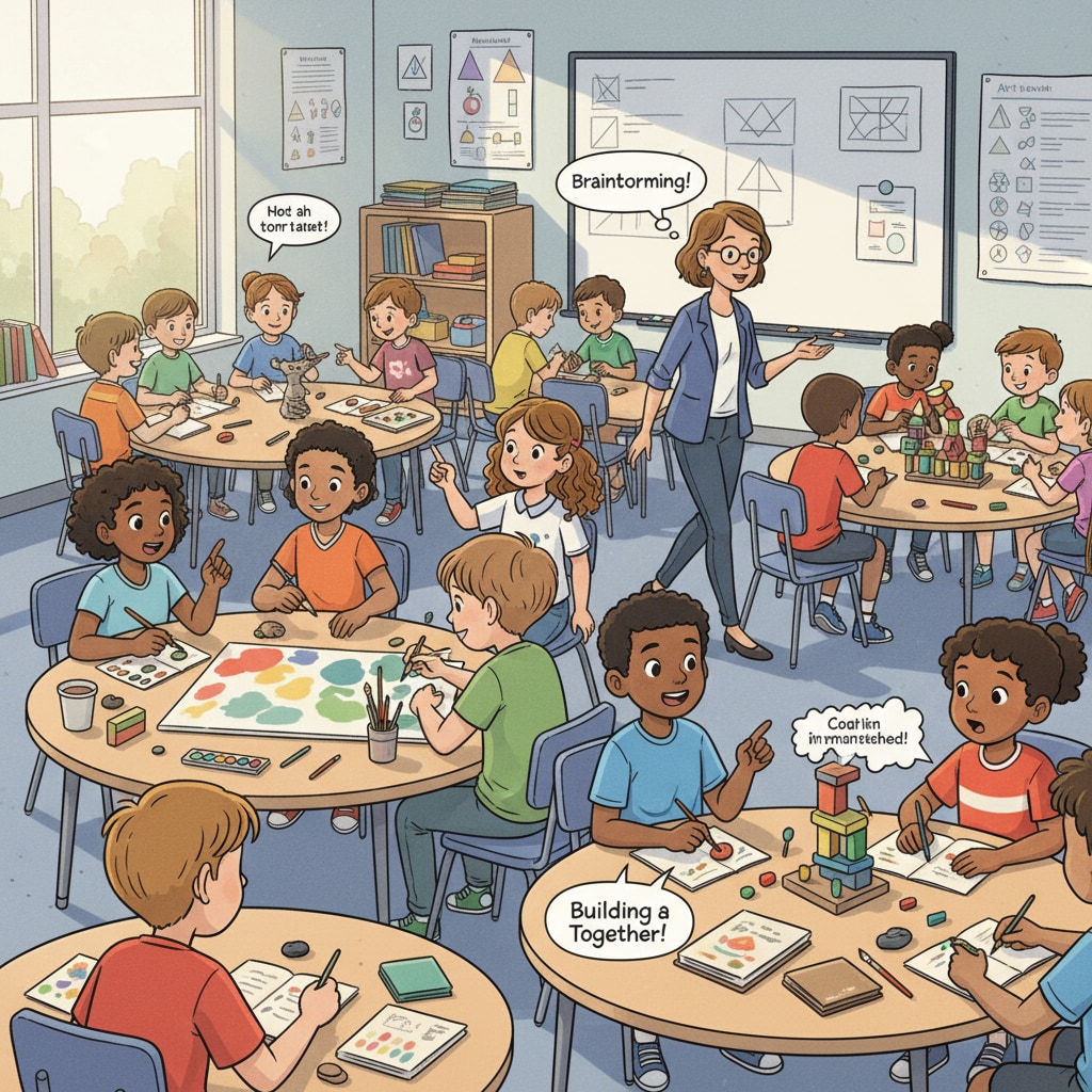 A classroom filled with students actively participating in a creative activity. Students are seen discussing ideas, working on projects, and showing enthusiasm. Students actively engaged in a creative classroom activity related to teacher interviews, creative courses, and student engagement