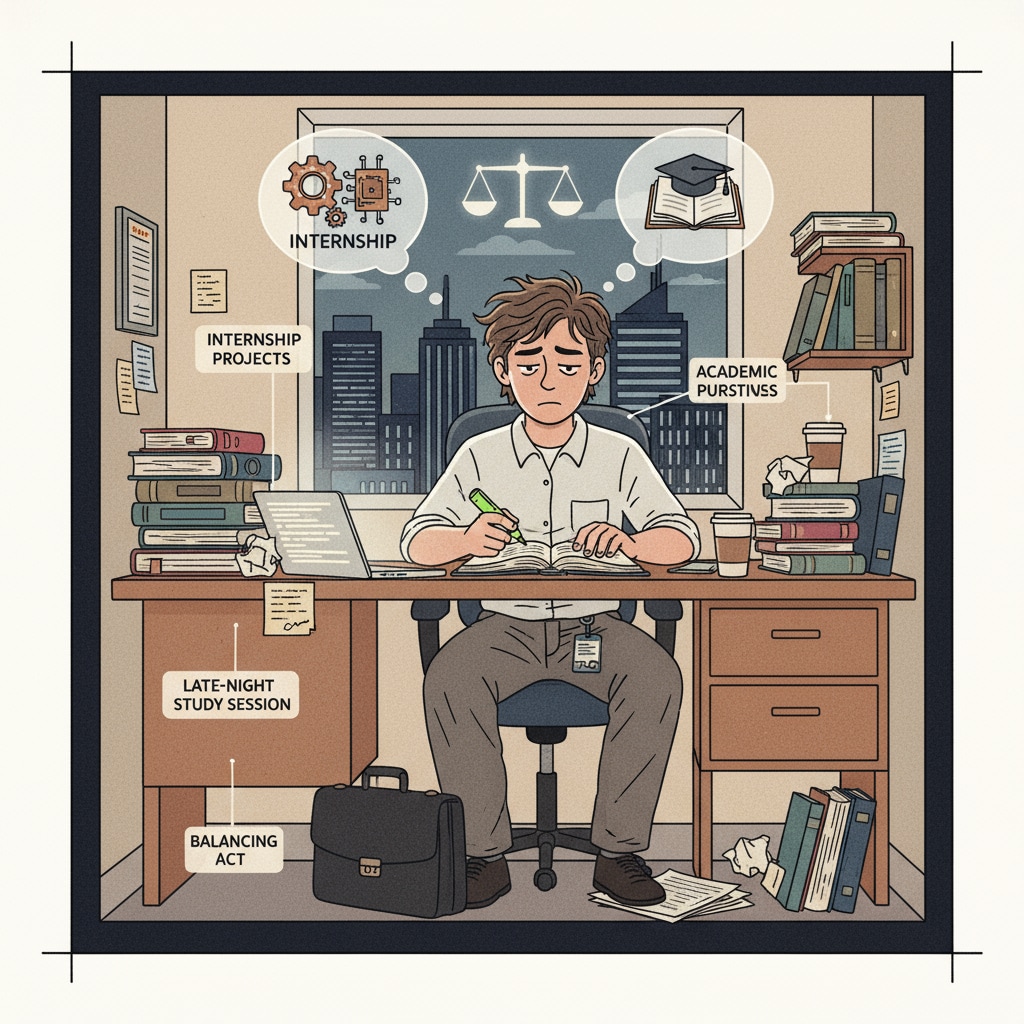 A student is sitting at a desk, surrounded by books and papers, looking tired but determined to study after a long day of internship, highlighting the difficulty of maintaining academic balance. Student trying to achieve academic balance while dealing with internship workload and time management issues