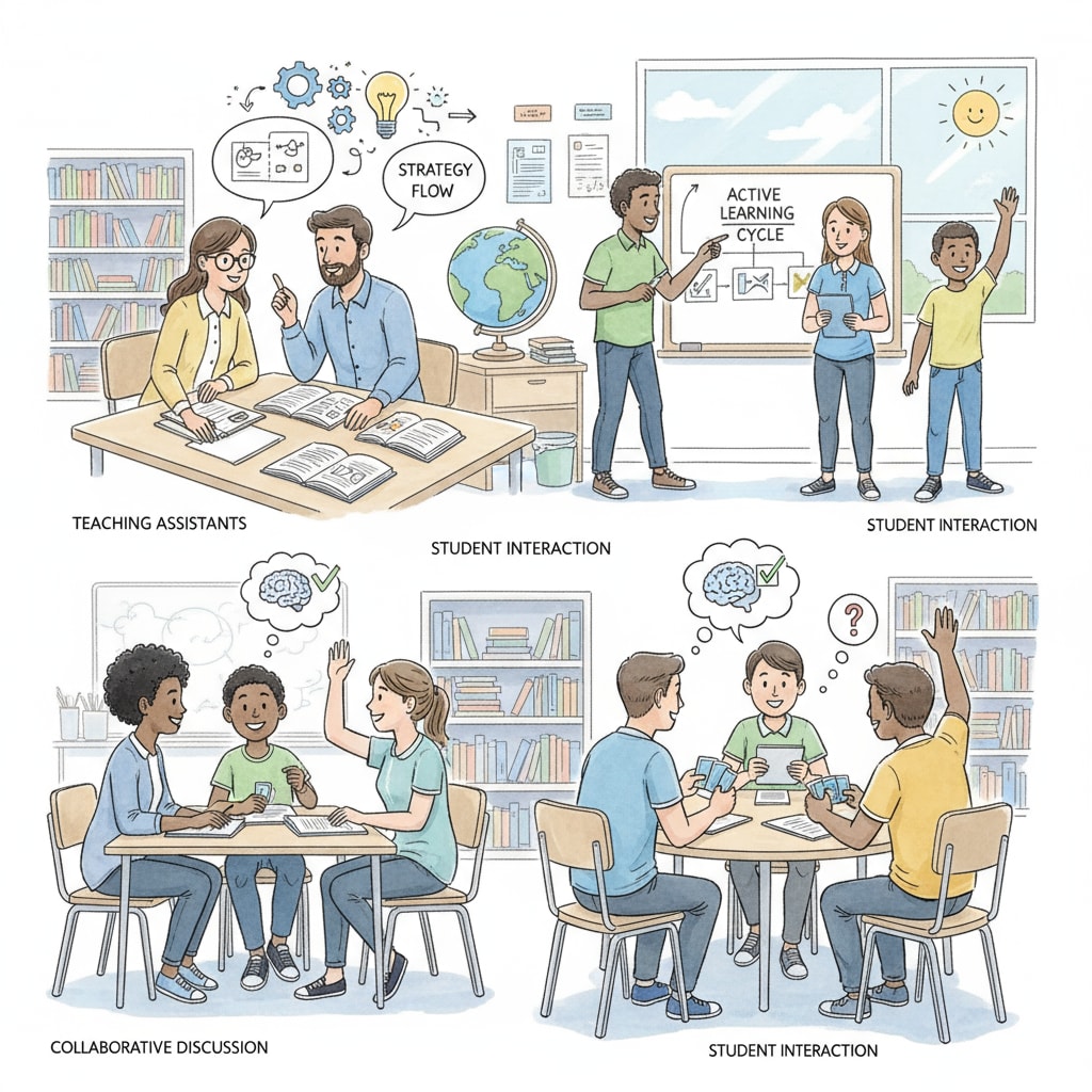 A group of teaching assistants are engaged in a collaborative activity in a classroom, discussing teaching strategies and interacting with students. Teaching assistants collaborating in a classroom for MAT program preparation